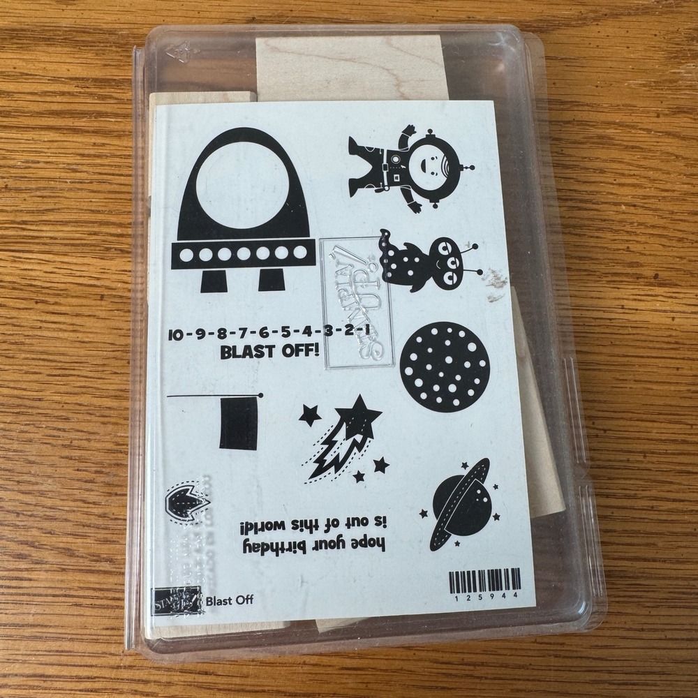 Stampin‎ Up Blast Off Wood Mount Rubber Stamp Set 125944 Space Rocket Astronaut